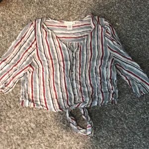 Stripped button up tie front shirt